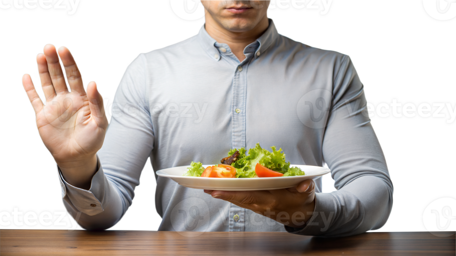 Person refusing a plate of food with vegetables on transparent background, suggesting diet or rejection png