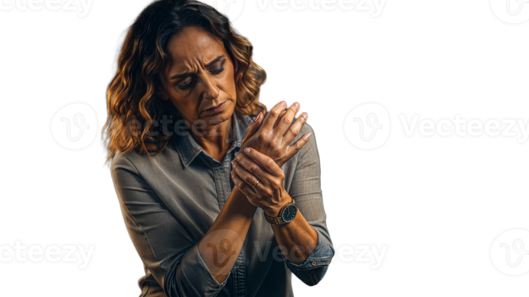 Woman experiencing wrist pain suggesting injury or discomfort on a transparent background png