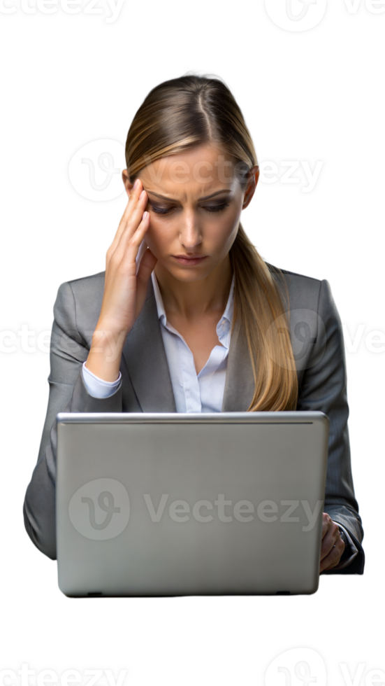 A woman suffering from a headache while working on a laptop with a transparent background png