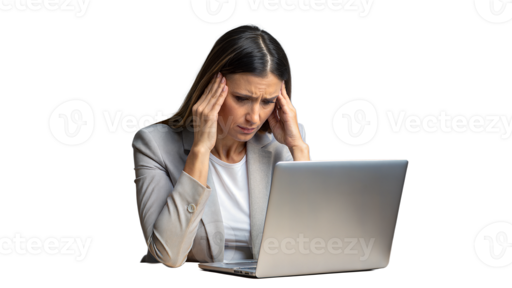 Woman experiencing a headache while working on laptop, stressed and frustrated png
