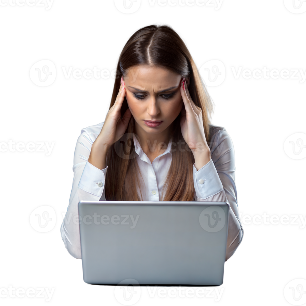 Woman experiencing a headache while working on laptop with a transparent background png