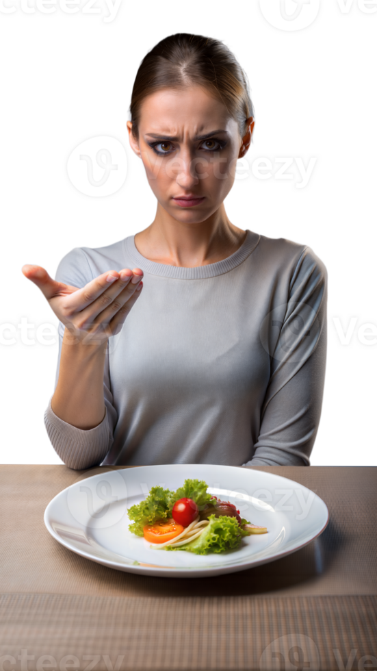 Woman refusing a plate of food with a disappointed expression on a transparent background png