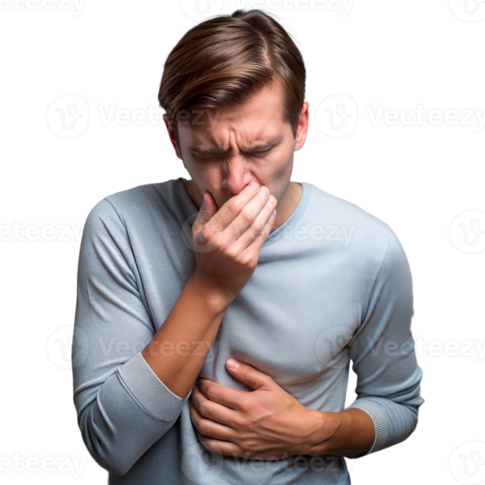 Young man feeling nauseous with hand on stomach and covering mouth on a transparent background png