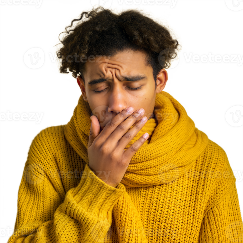 Young person feeling nauseous while covering mouth on transparent background png