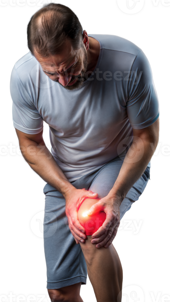 Person experiencing knee pain with transparent background, suggesting arthritis or injury png