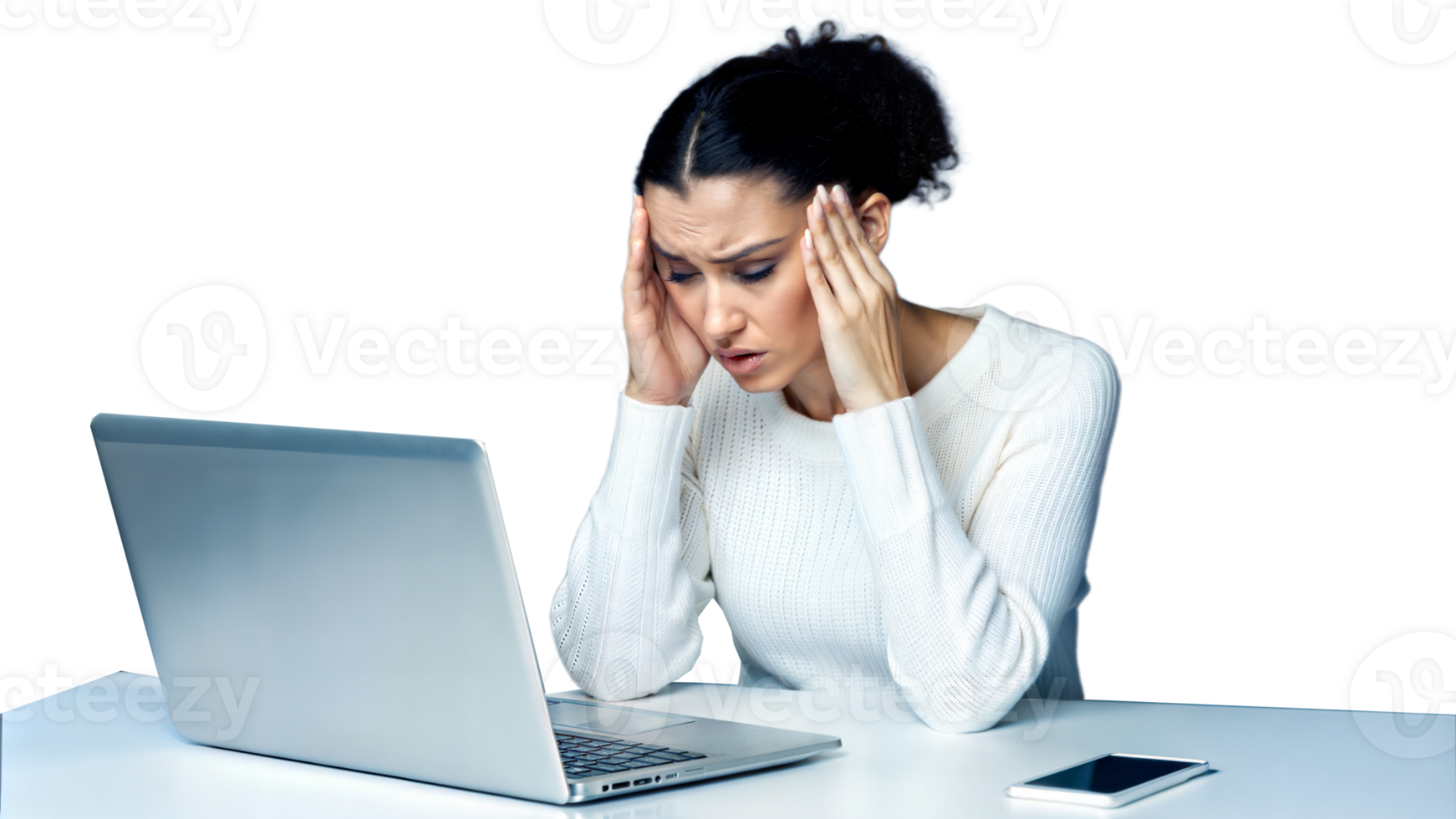Woman experiencing headache while working on laptop with phone nearby on a transparent background png