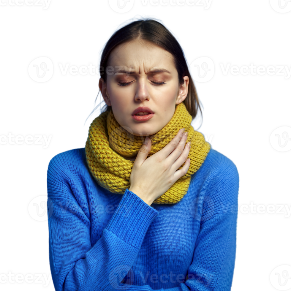 A woman with a sore throat, indicating she might be unwell on a transparent background png