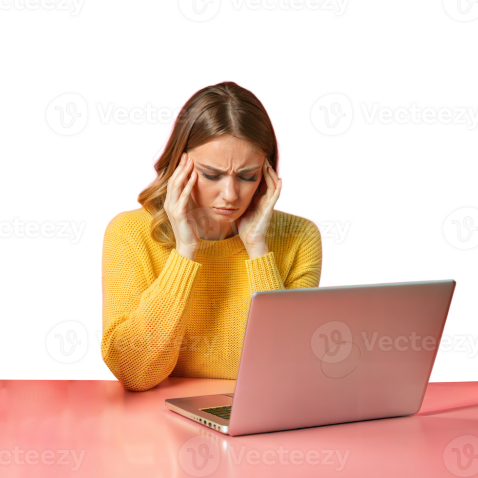 Woman suffering from headache while working on laptop at desk, isolated on transparent background png