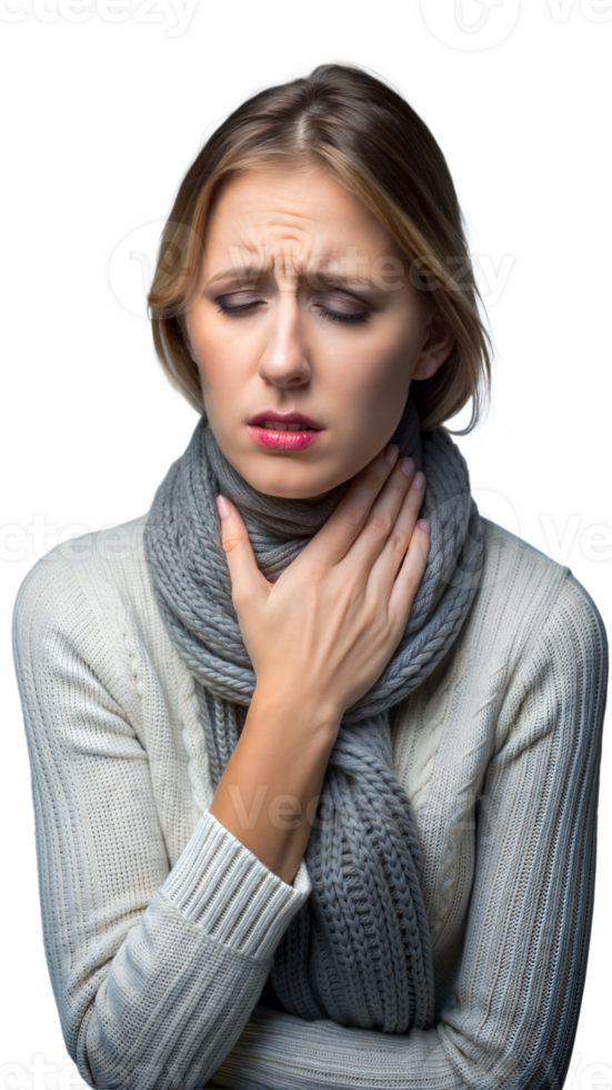 Woman with a sore throat wearing a gray scarf on a transparent background png