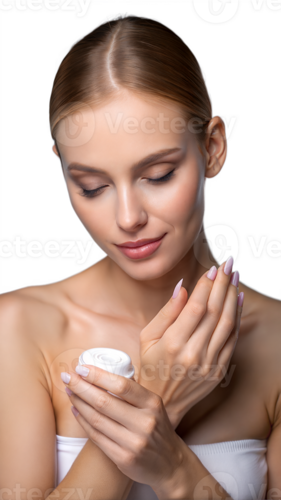 Woman applying skincare lotion to her hand on a transparent background png