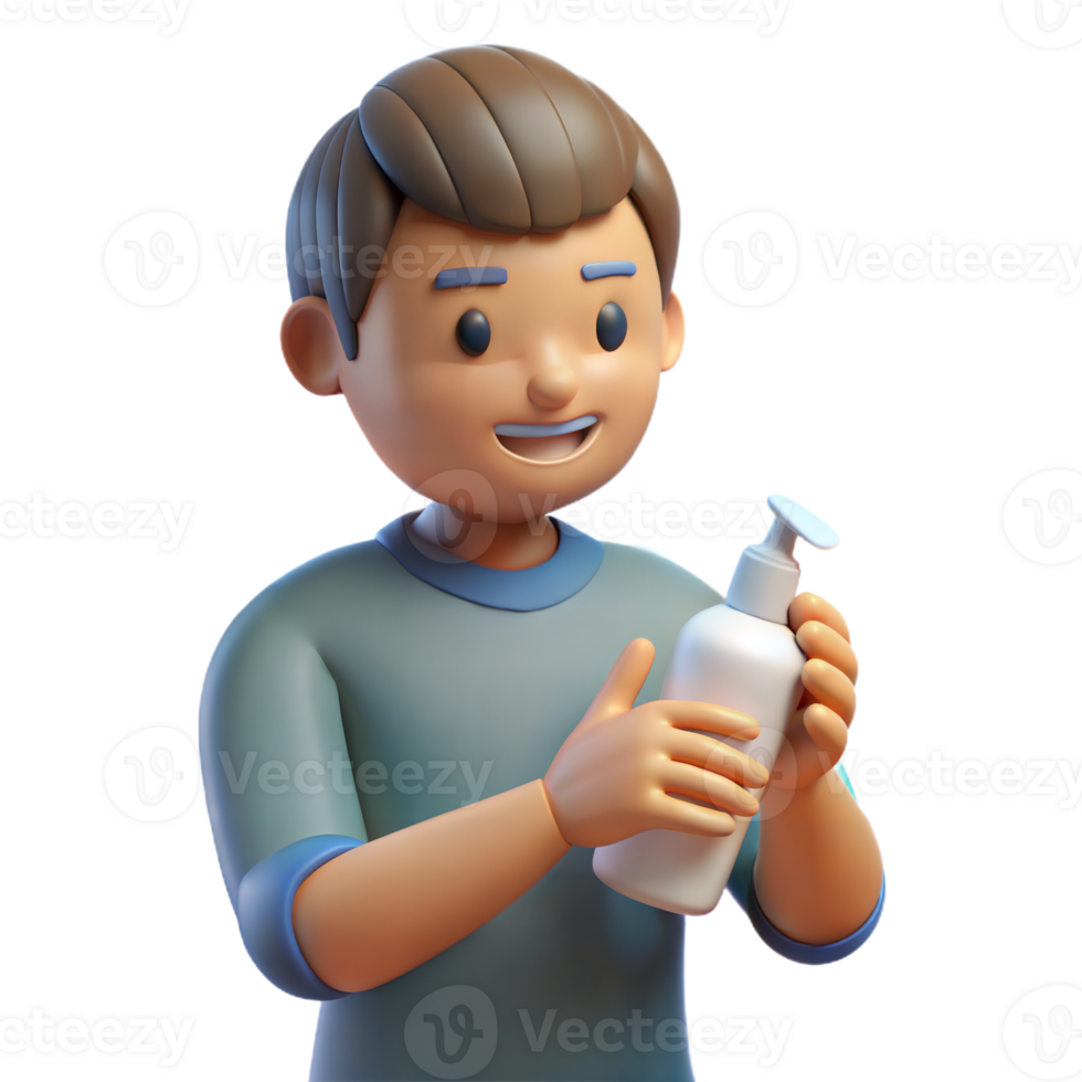 Person applying lotion to their skin with a happy expression on transparent background png