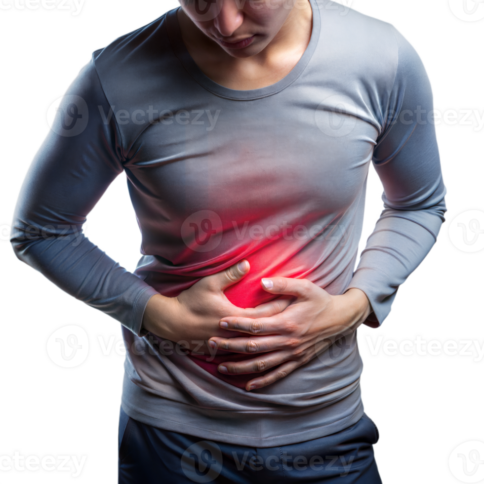 persona experimentando estómago dolor con rojo realce en transparente antecedentes png