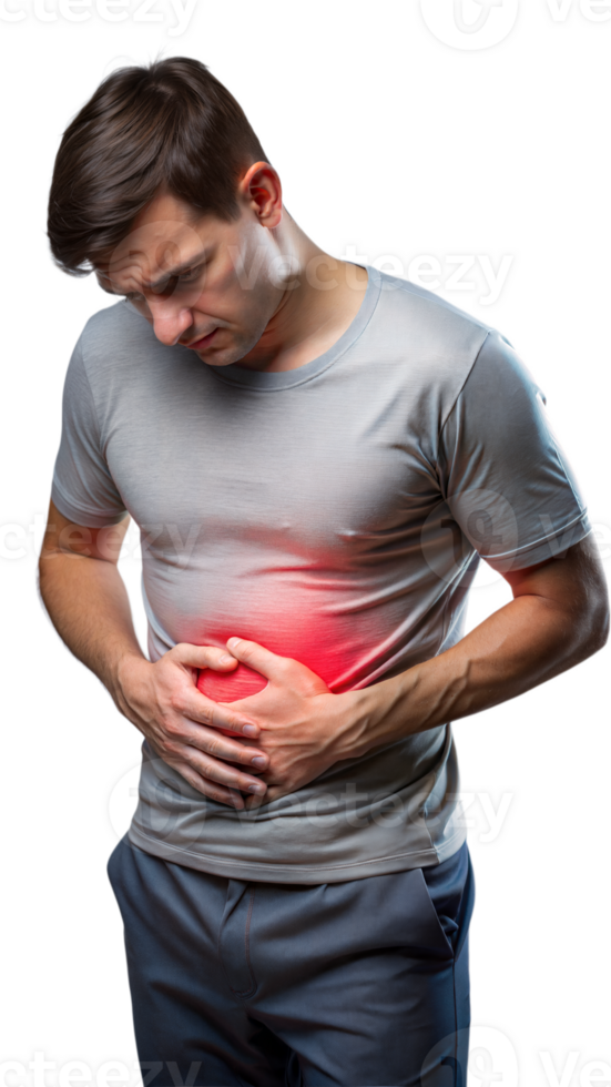 Person holding stomach in pain, showing discomfort and possibly experiencing severe pain on a transparent background png