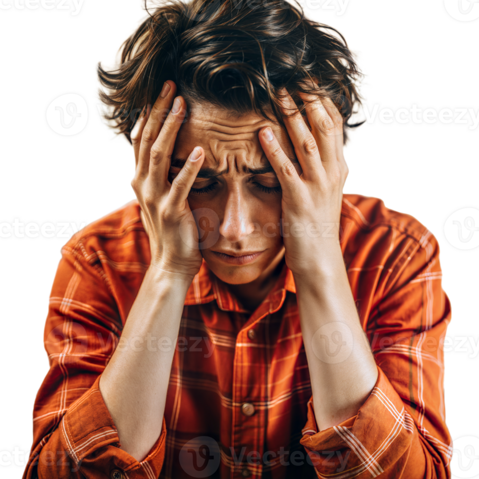 A person suffering from depression, showing signs of stress and anxiety on a transparent background png