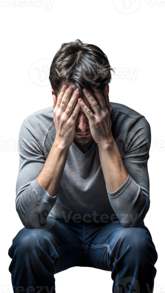 Man showing signs of depression and emotional distress on a transparent background png