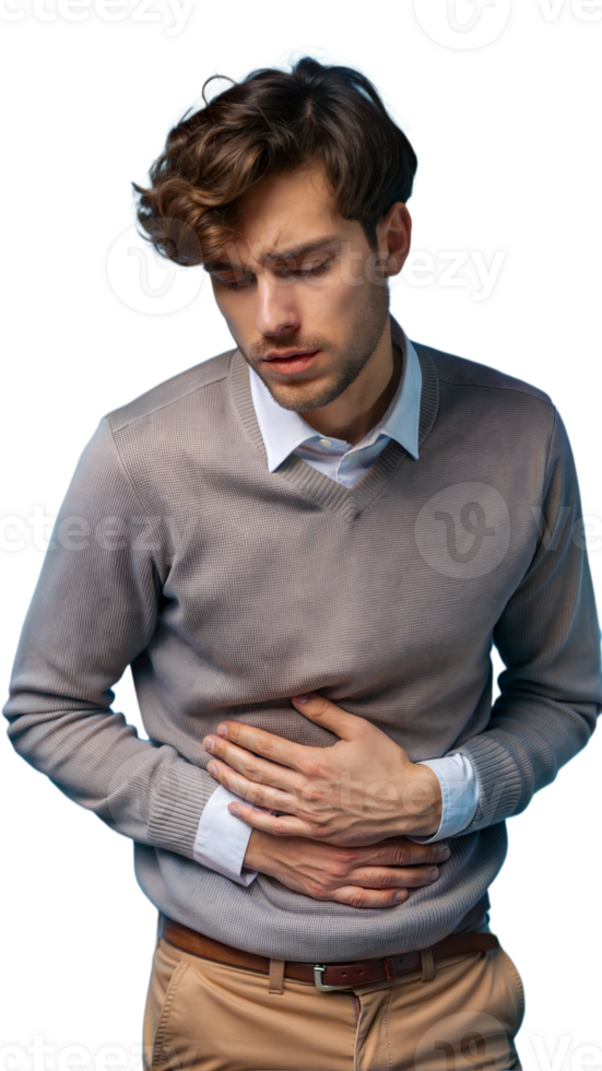 homem sentindo-me enjoado e segurando estômago com dolorido expressão em transparente fundo png