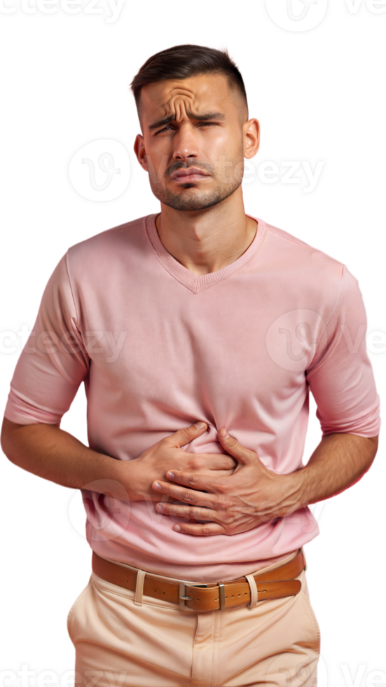 Man holding stomach in pain on transparent background, experiencing discomfort or illness png