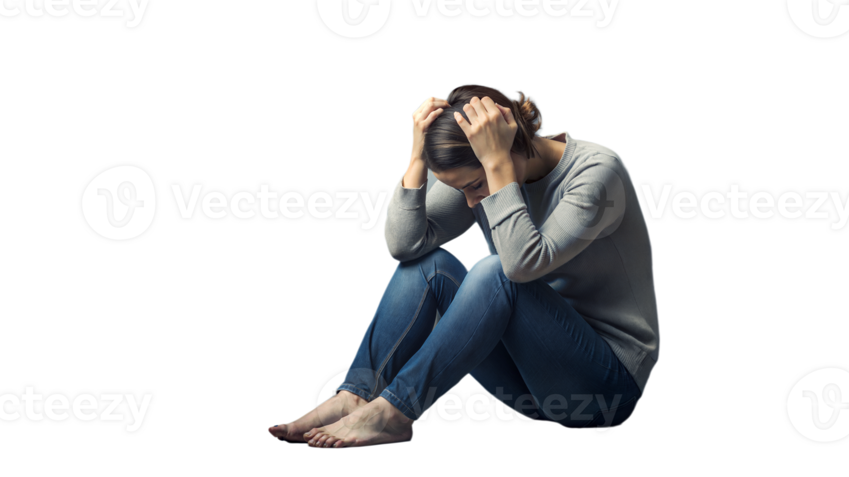 Person sitting with head in hands, suffering from depression, feeling hopeless on a transparent background png