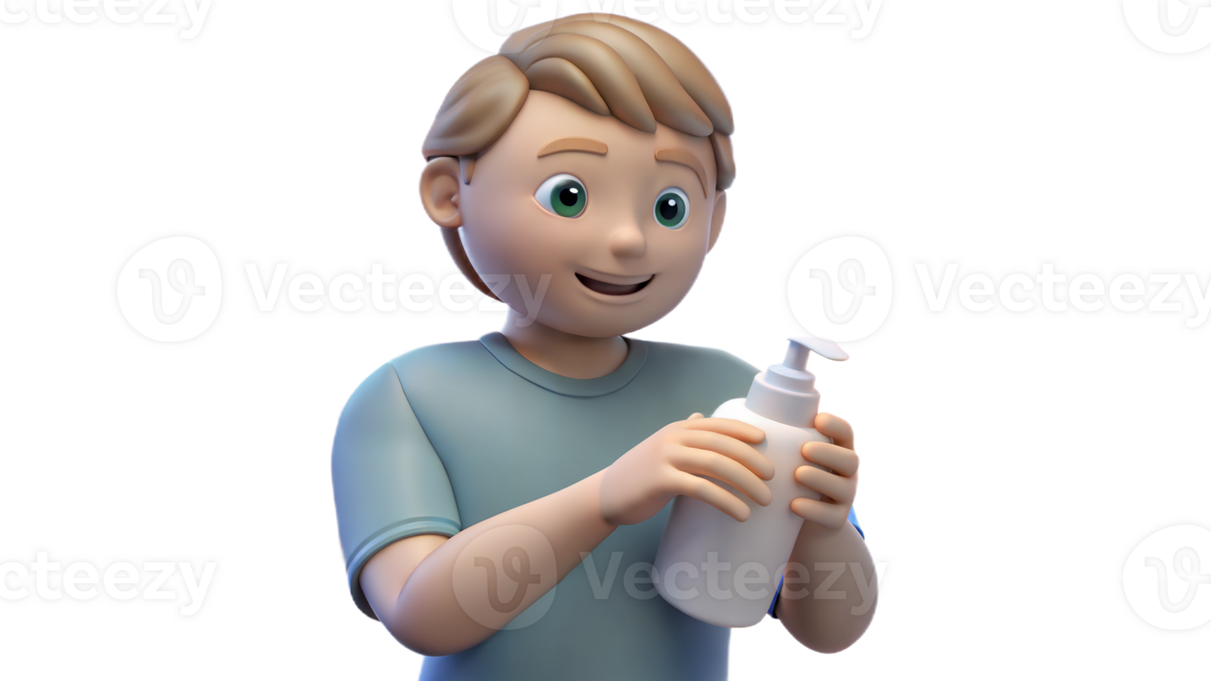 3D character applying lotion to skin with a happy expression on a transparent background png