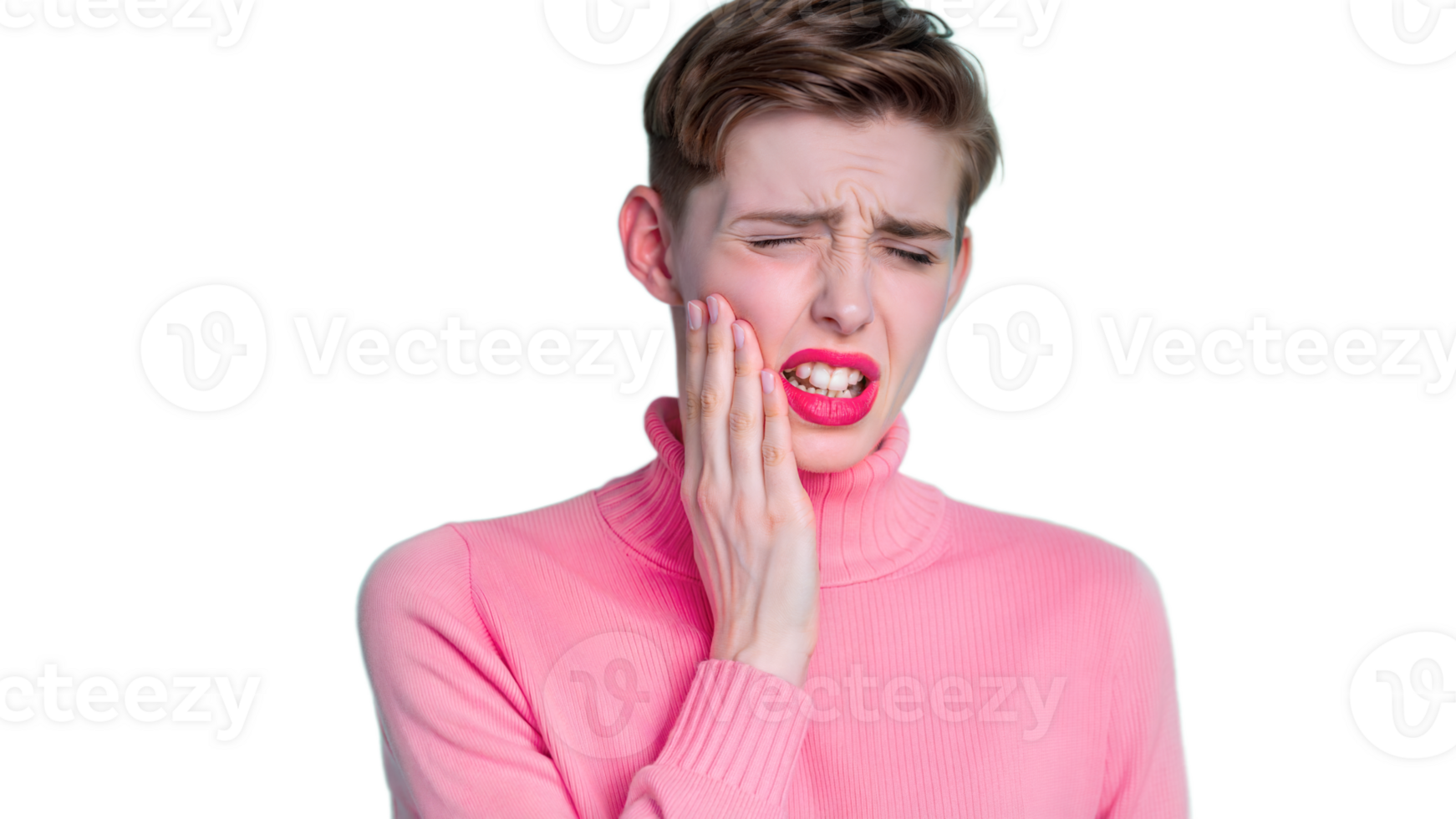 Person suffering from dental pain with facial expression of discomfort on transparent background png