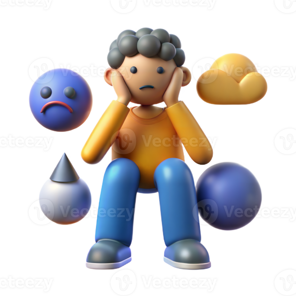 Person suffering from depression with sad face and cloud on transparent background png