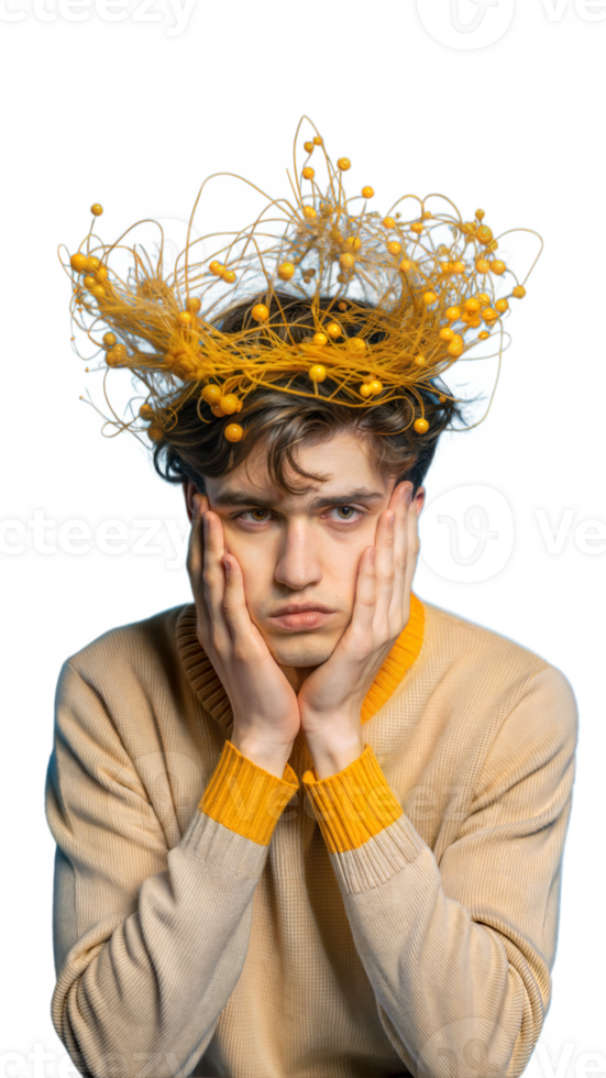 Young person feeling sad and contemplative with intricate headpiece displaying emotions on transparent background png