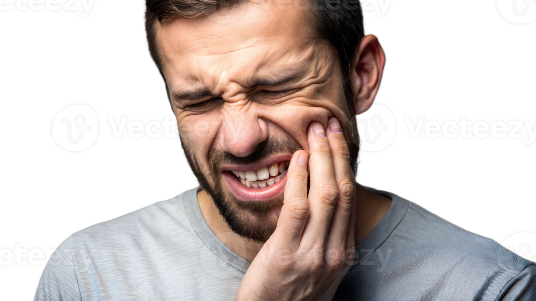 Man experiencing severe tooth pain indicating a possible dental issue on transparent background png