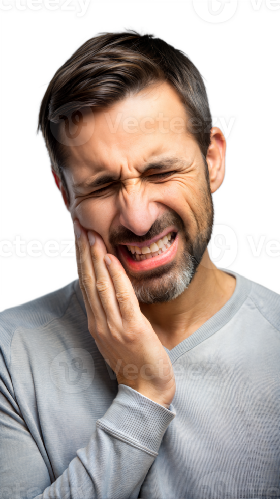 Man experiencing sharp tooth pain indicating dental issue on transparent background png