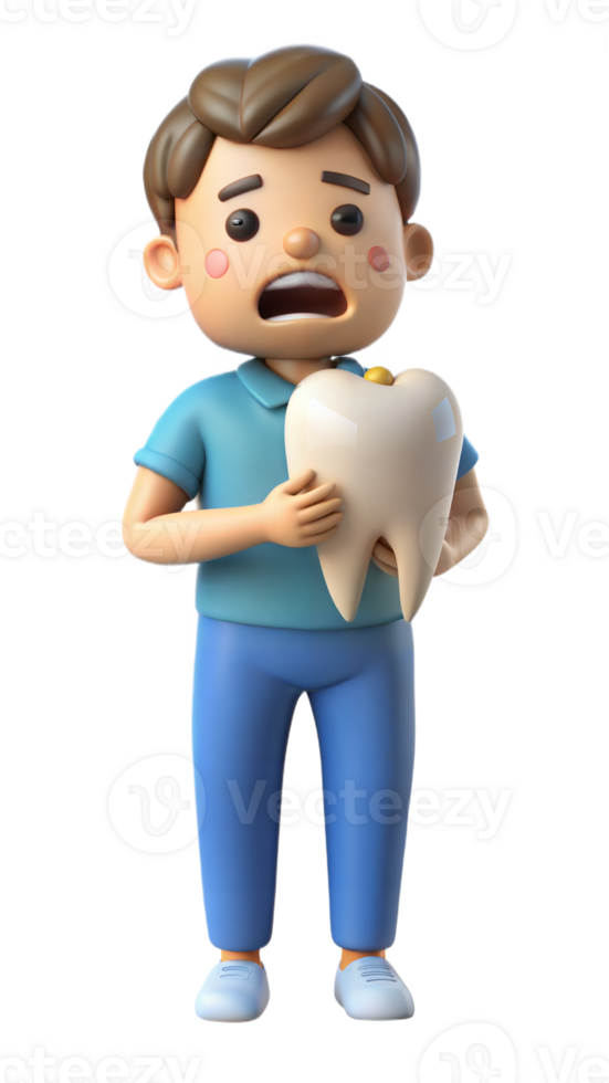 3d cartoon character experiencing tooth pain and holding a huge tooth with a transparent background png
