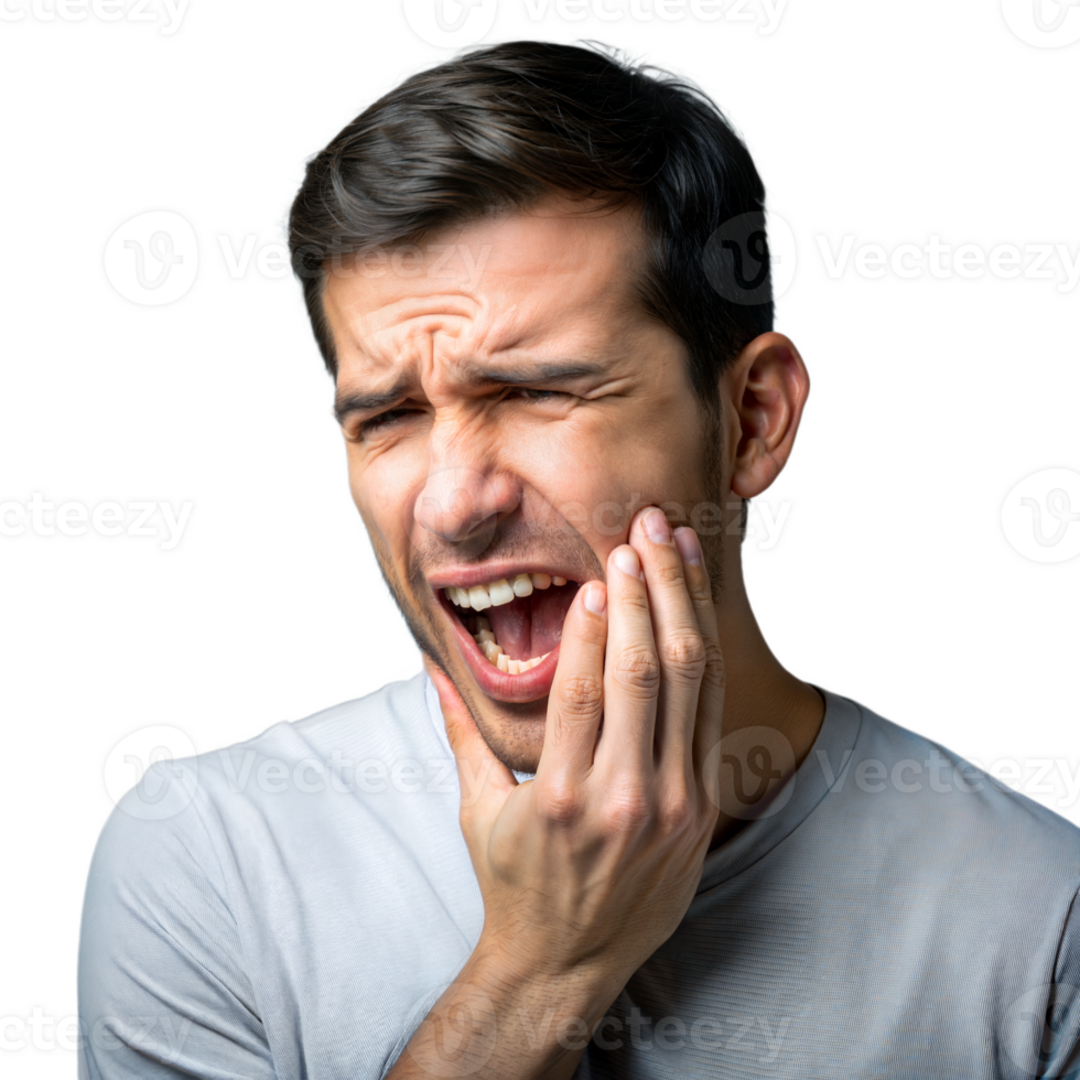 Person with tooth pain indicating dental issue and discomfort on transparent background png