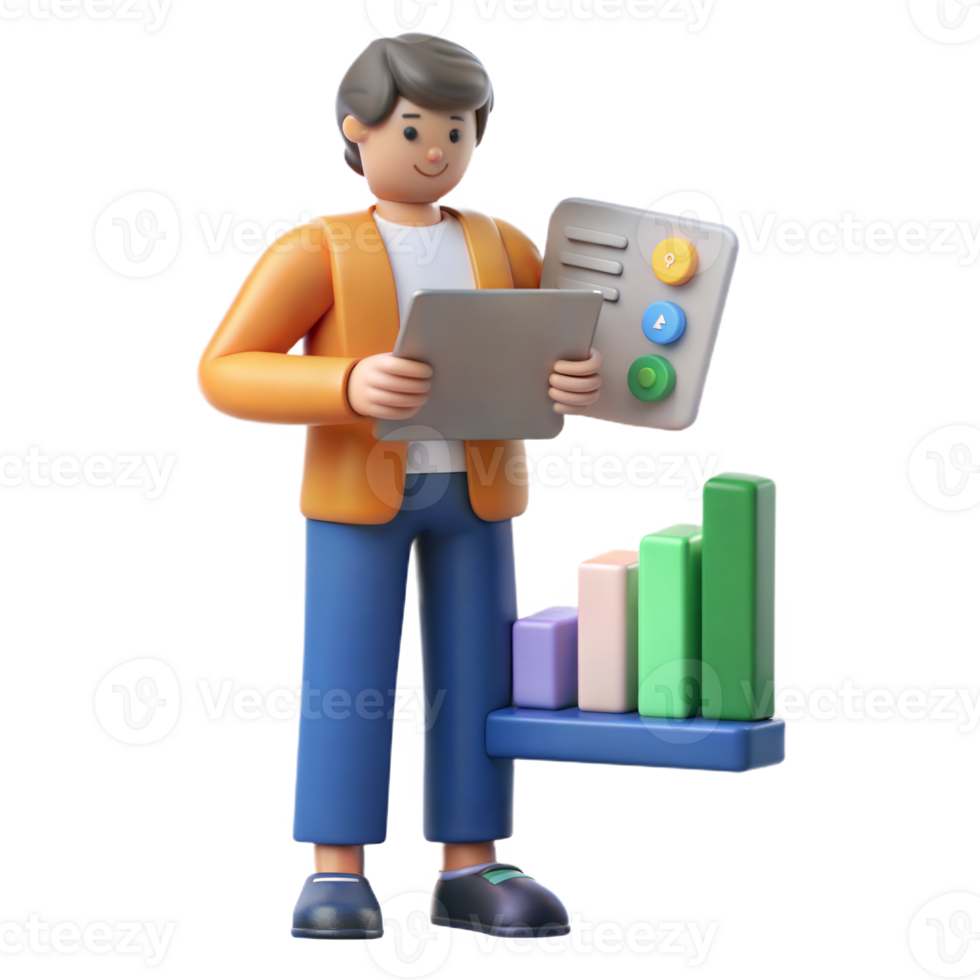 3D illustration of a person checking documents and calculations with graphs on a transparent background png