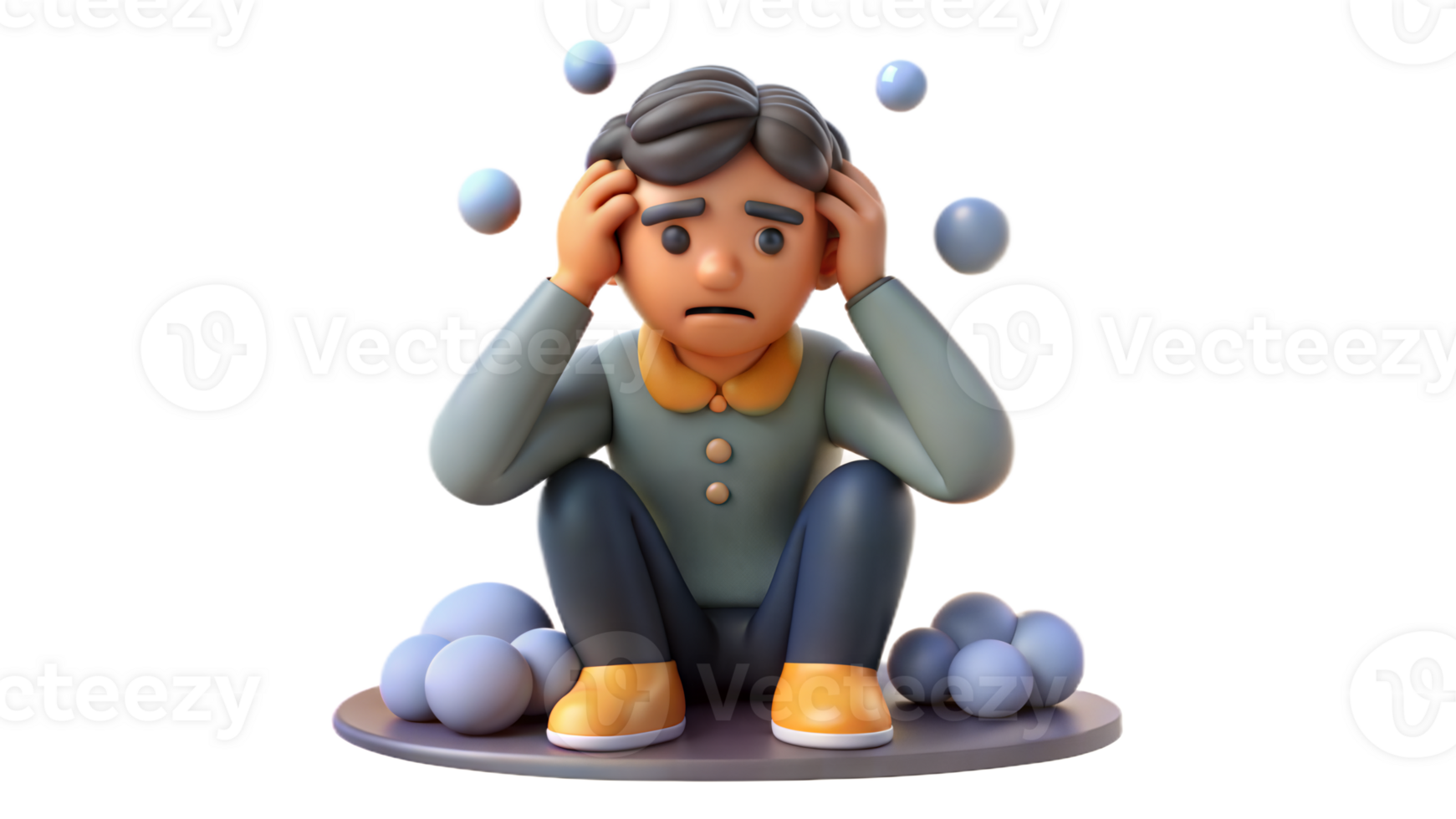 Animated figure depicting depression and anxiety with hands on head on transparent background png