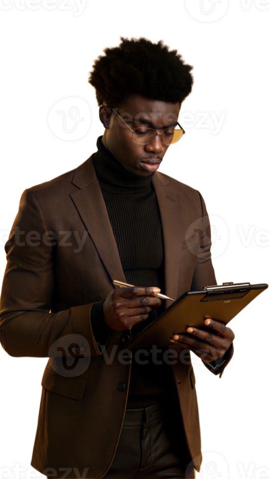 Focused professional reviewing documents on a clipboard with pen on transparent background png