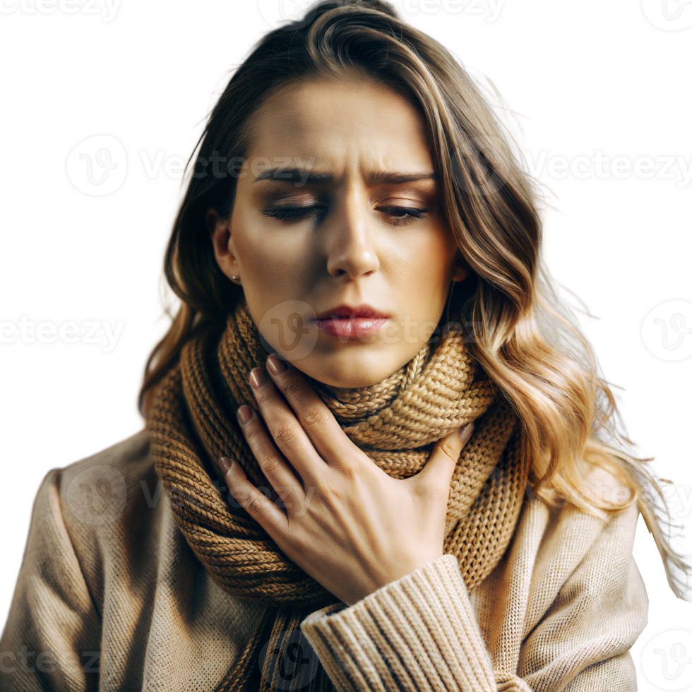 Woman with sore throat indicating discomfort, touching neck on transparent background png