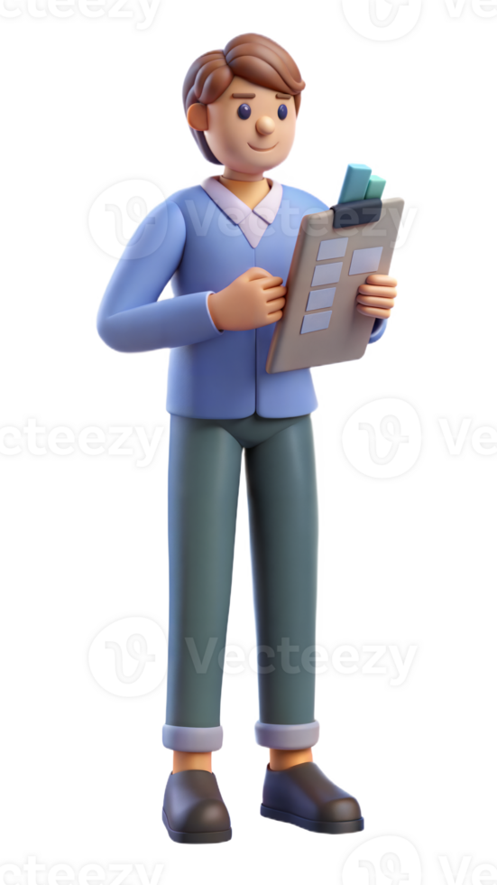 3D illustration of a person holding a clipboard with documents and calculations on transparent background png