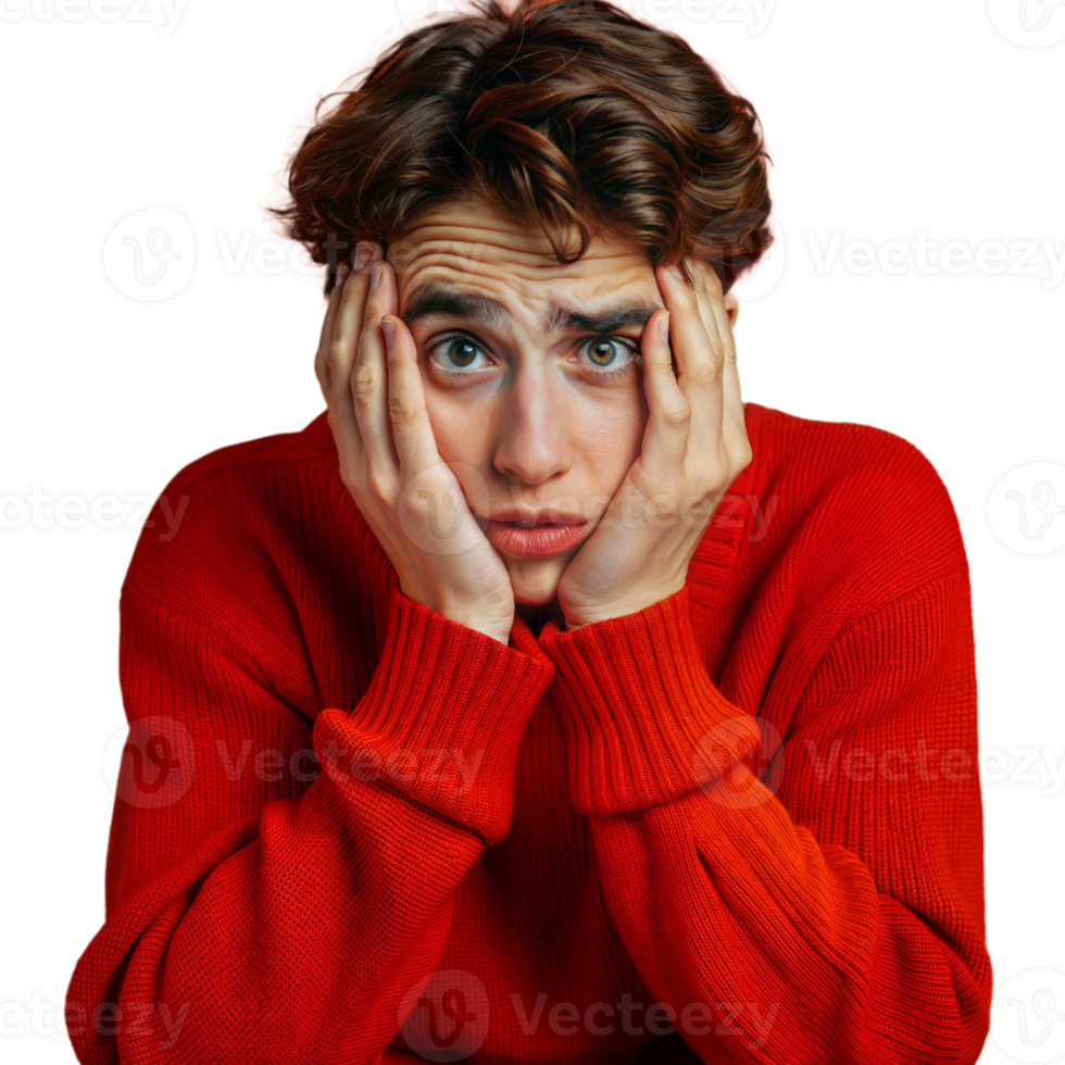 Person feeling anxious and stressed with hands on face on a transparent background png