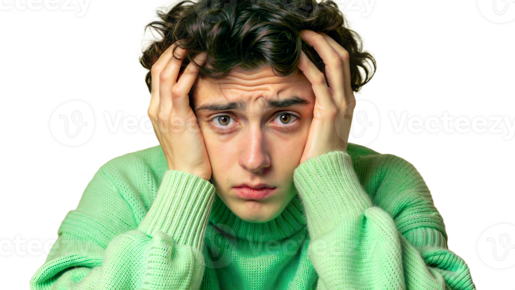 A person feeling anxious and showing signs of stress on a transparent background png