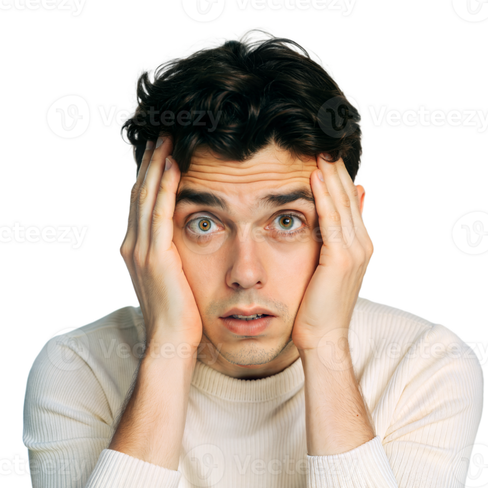 Young man feeling anxious and stressed with hands on face for emotional concept png