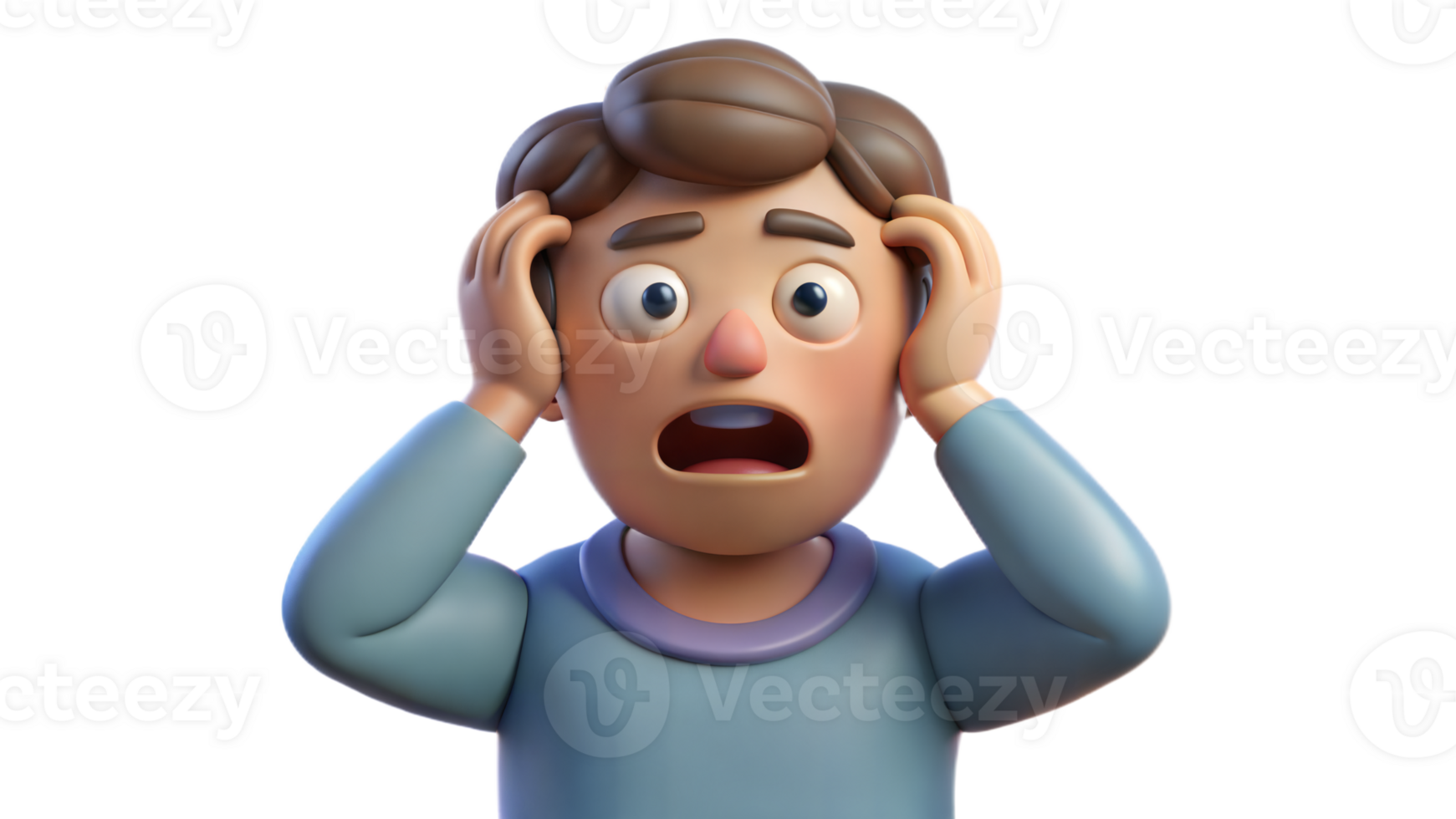 3D cartoon character showing anxiety and stress with a surprised expression on a transparent background png