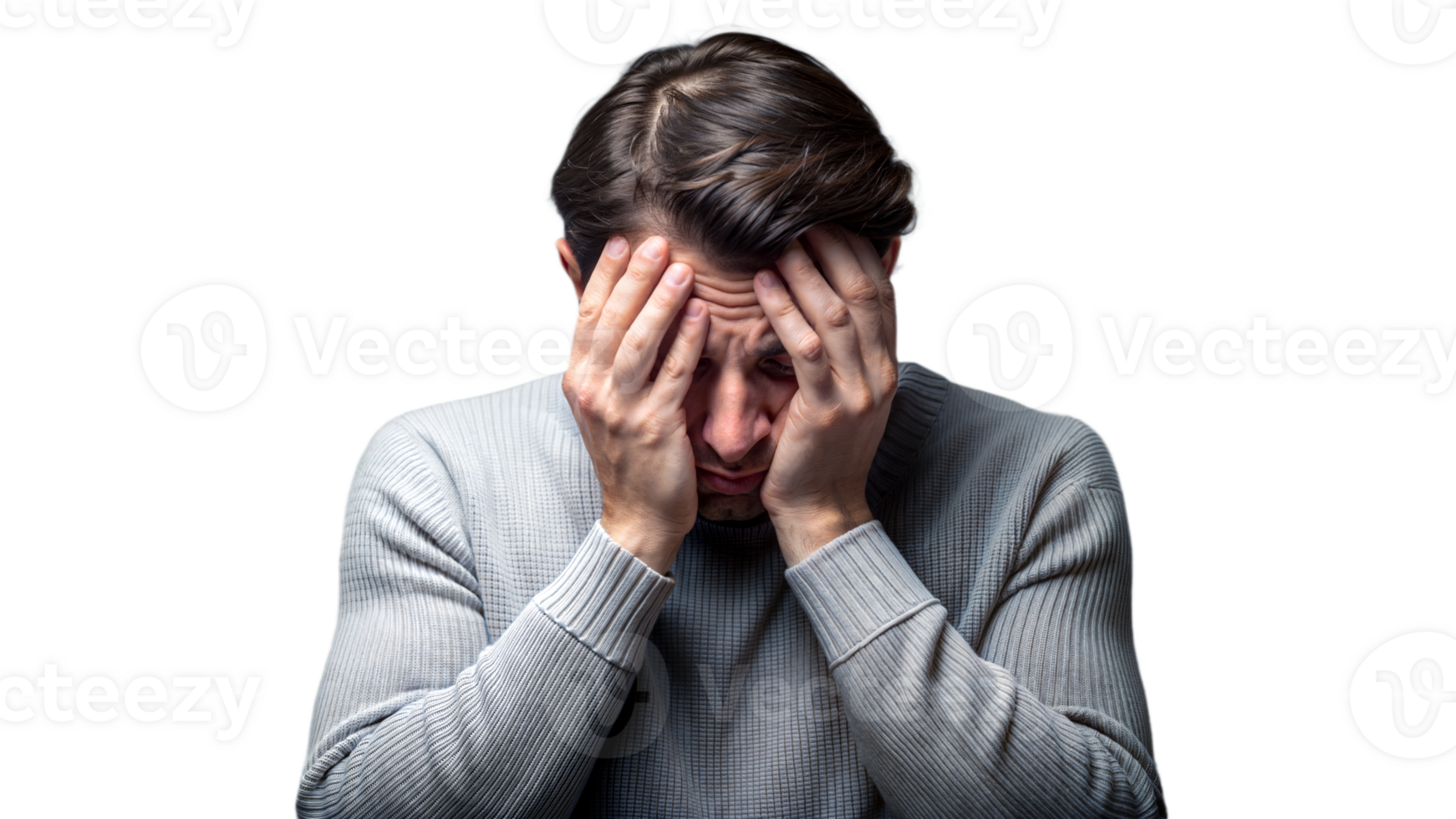 Man feeling anxious and stressed holding his head with hands on transparent background png