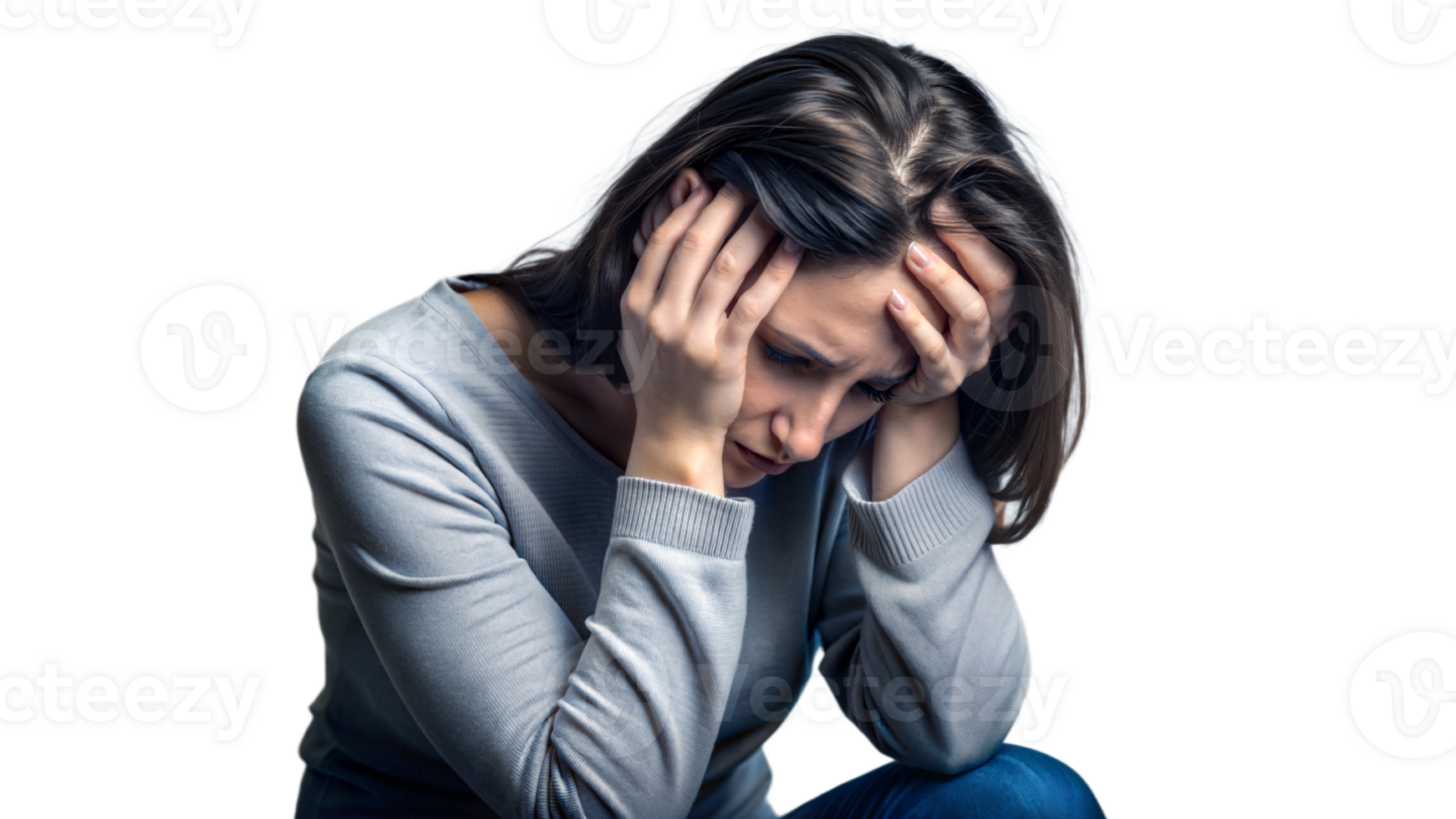 Depressed woman feeling sad and stressed holding her head with hands on transparent background png