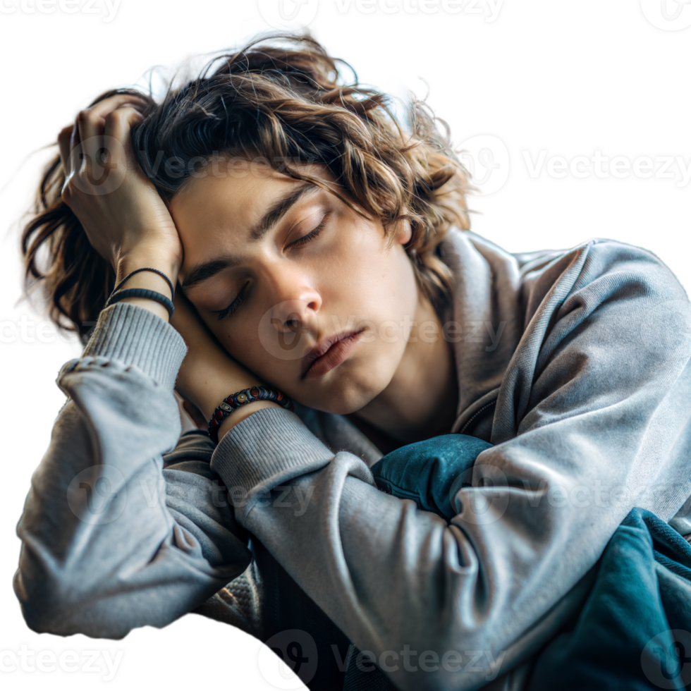 Person feeling tired and sleepy, resting on a pillow with a transparent background png