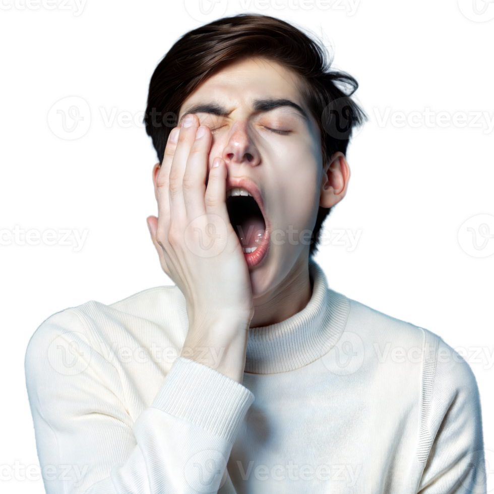 Young person yawning and feeling tired with hand on face on transparent background png