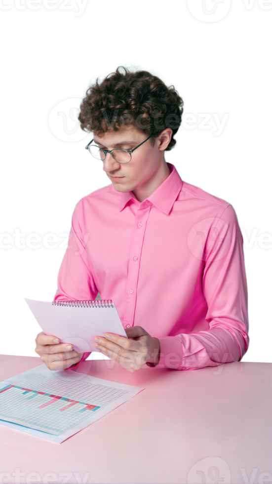 Business professional analyzing documents and calculations on a notepad. Focused individual in pink shirt working on data with transparent background png