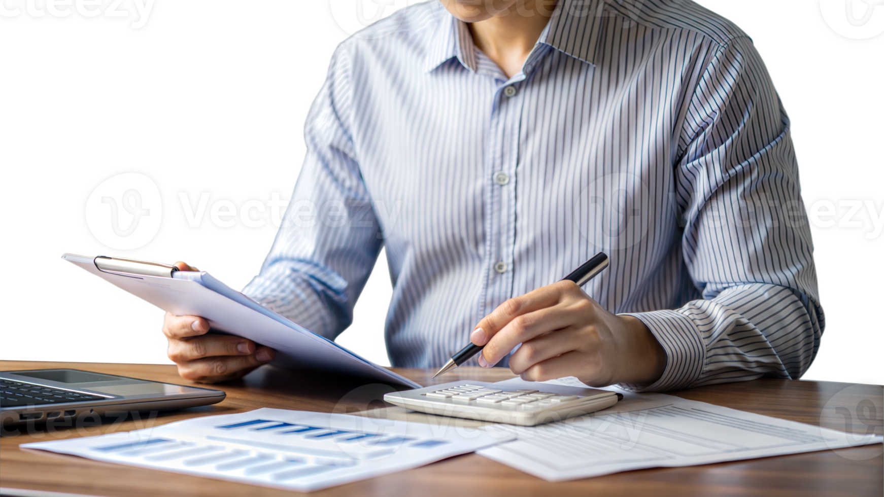 Person checking documents and calculations on a desk with a transparent background png