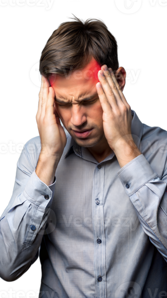Man experiencing a headache, holding his head in pain suggesting stress or migraine on transparent background png