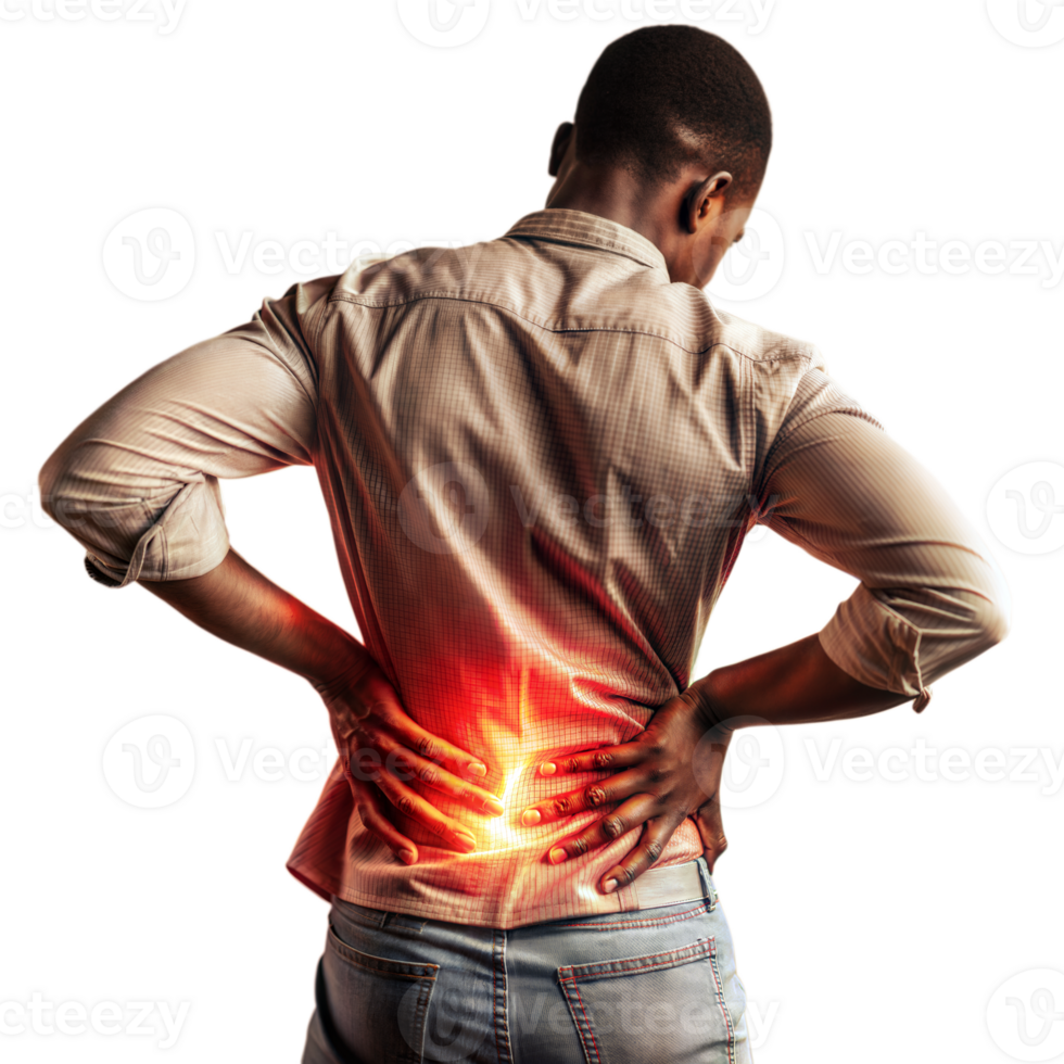 Person suffering from severe back pain with highlighted glowing area on lower back on transparent background png