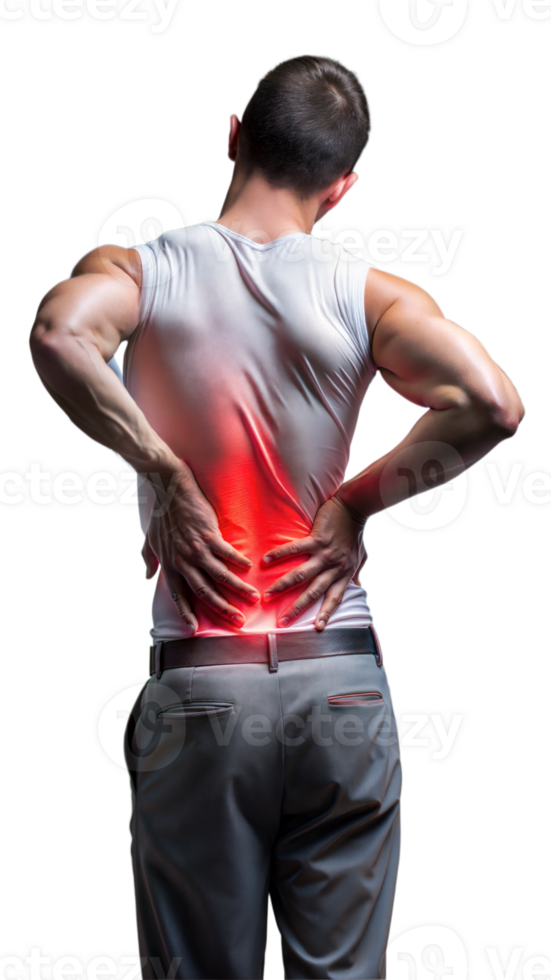 Person suffering from back pain with a highlighted red area on transparent background png