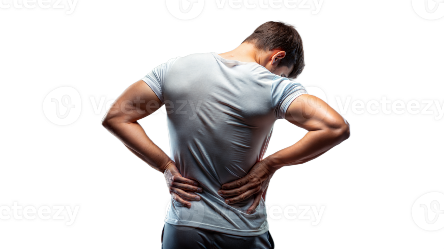 Man suffering from back pain, standing and holding his lower back, isolated on transparent background png