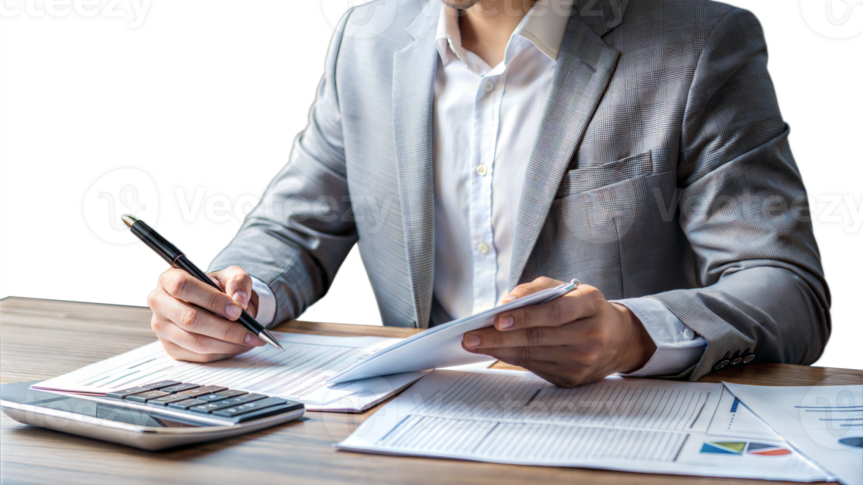 Business professional reviewing documents and calculations using a calculator on a transparent background png